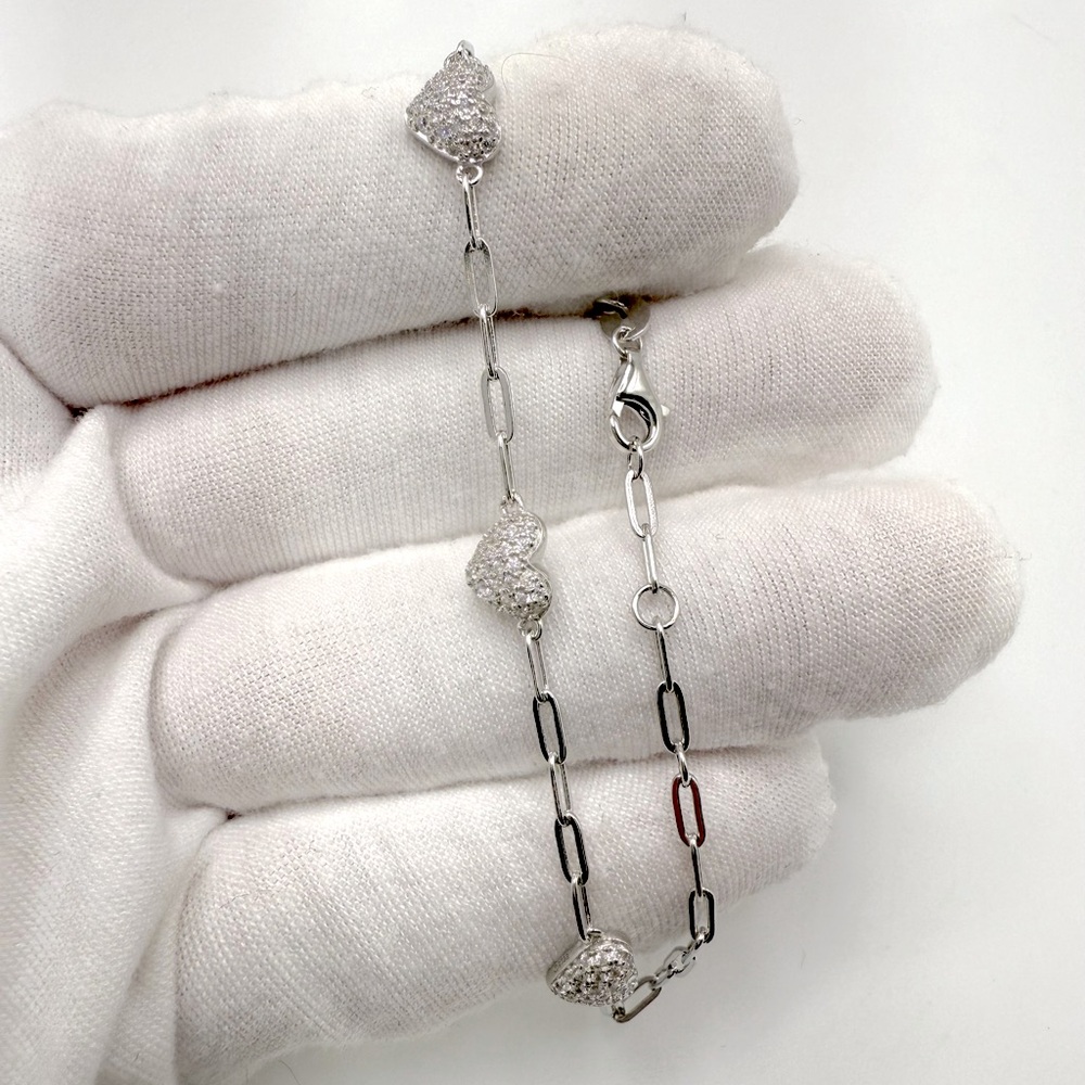 7” .925 Sterling Silver Cz Heart Bracelet - Picture 11 of 13